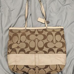 Coach Brown and Cream Signature Tote Bag